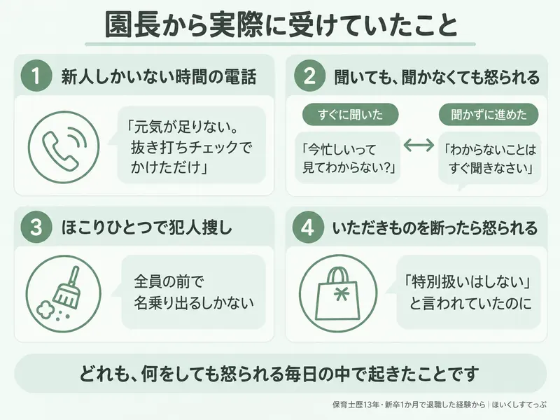 園長のパワハラで出勤できなくなった保育士が実際に受けていた4つのこと。新人しかいない時間の電話、聞いても聞かなくても怒られる、ほこりひとつで犯人捜し、いただきものを断ったら怒られる