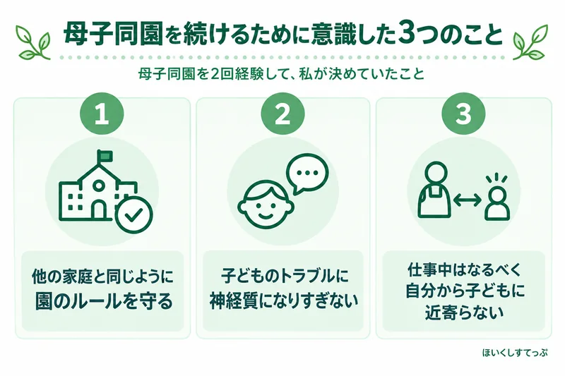 母子同園を続けるために意識した3つのこと。他の家庭と同じように園のルールを守る、
子どものトラブルに神経質になりすぎない、仕事中は自分から子どもに近寄らない