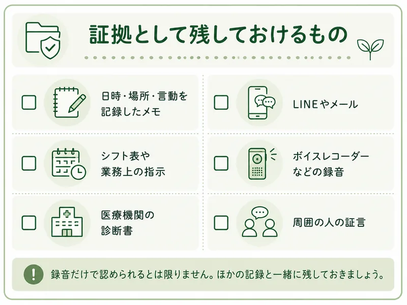 パワハラの証拠として残せるもののチェックリスト。日時と場所と言動のメモ、LINEやメール、シフト表や業務上の指示、ボイスレコーダーの録音、医療機関の診断書、周囲の人の証言。録音だけでは認められるとは限らない