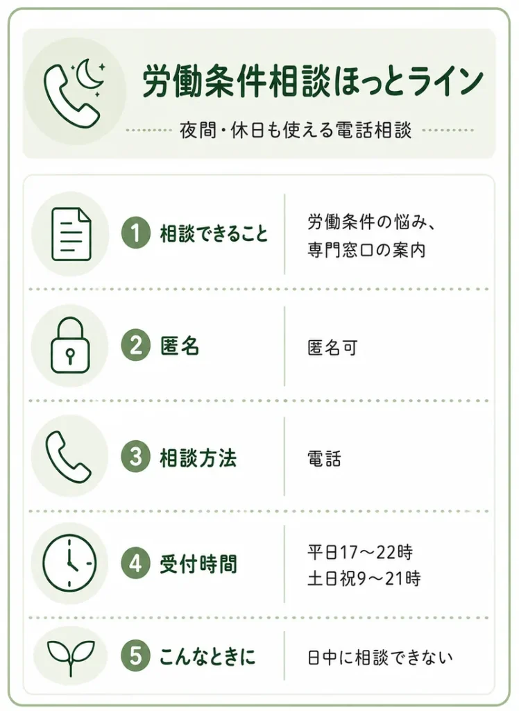 労働条件相談ほっとラインの相談窓口カード。労働条件の悩みを匿名で相談でき、専門窓口を案内してもらえる。電話のみ。平日17時から22時、土日祝9時から21時。日中に相談できないときに