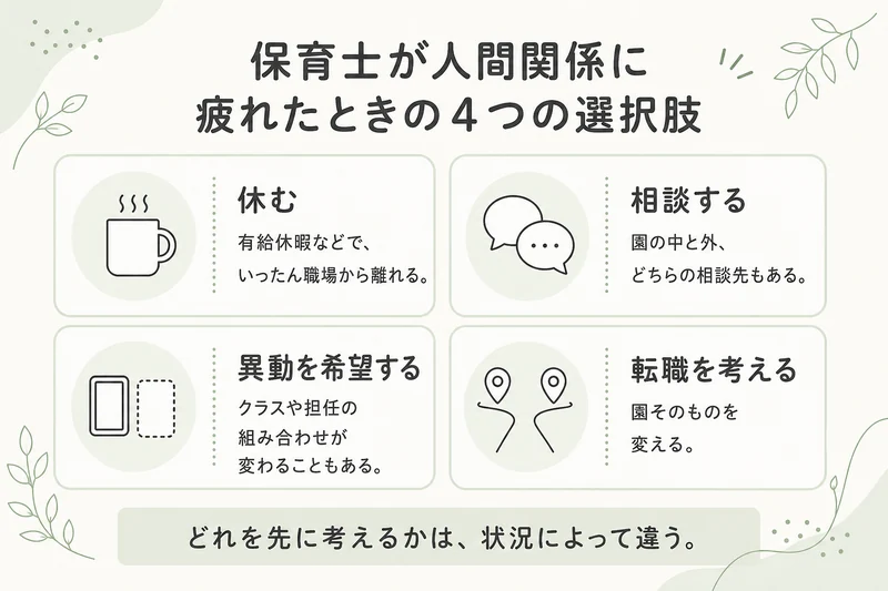 保育士が人間関係に疲れたときの4つの選択肢。休む、相談する、異動を希望する、転職を考える。どれを先に考えるかは状況によって違う