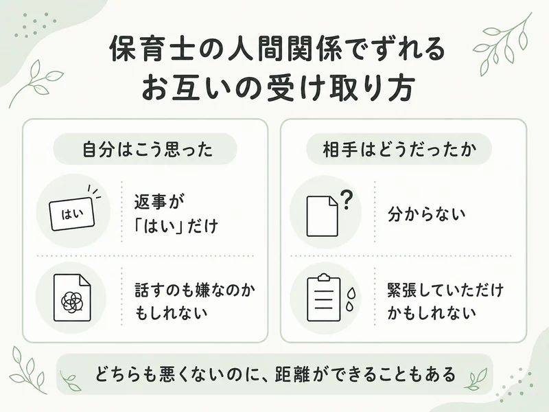 保育士の人間関係でずれる、お互いの受け取り方。自分は話すのも嫌なのかと思ったが、相手がどうだったかは分からない