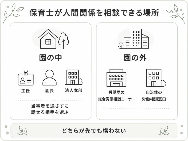 保育士が人間関係を相談できる場所。園の中では主任や園長や法人本部、園の外では労働局の総合労働相談コーナーなど