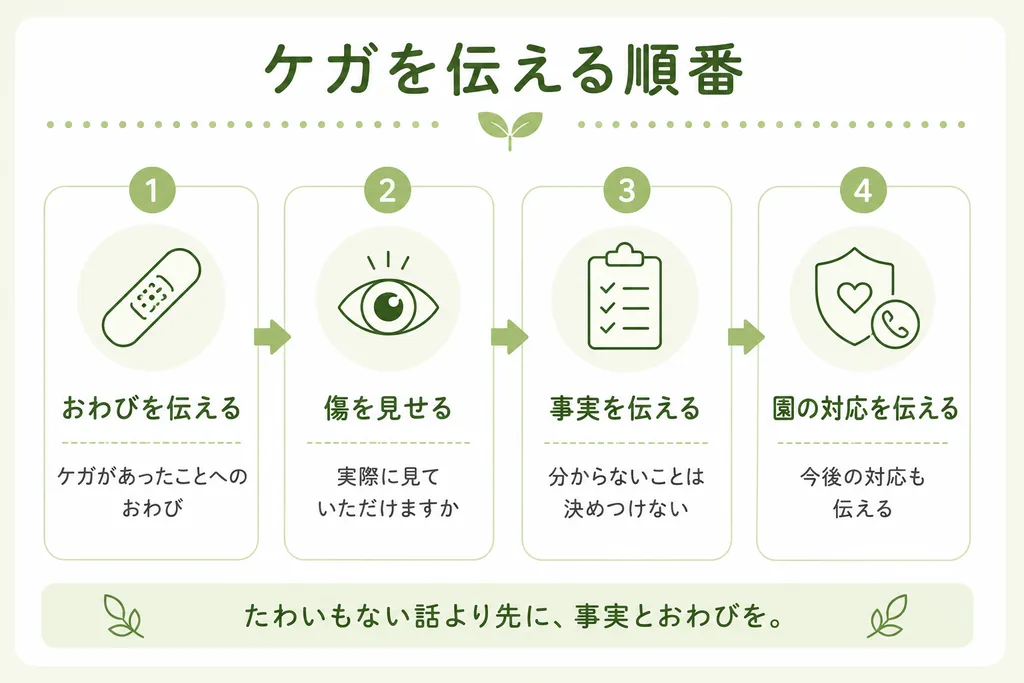 保育士が保護者にケガを報告するときの順番をまとめたフロー図。ケガがあったことへのおわびを伝える、傷を見せる、事実を伝える、園の対応を伝えるという4つのステップ。分からないことは決めつけず、今後の対応まで伝えること、世間話より先に事実とおわびを伝えることが大切だと紹介している。