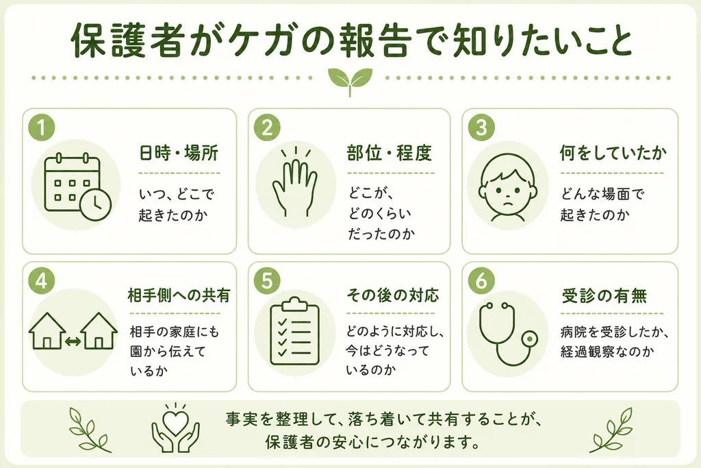 保護者が保育園からのケガの報告で知りたいことをまとめた図。いつどこで起きたかの日時と場所、ケガの部位と程度、何をしていたときに起きたか、相手の家庭にも園から伝えているか、その後の対応、病院を受診したかどうかの6つ。事実を整理して落ち着いて共有することが保護者の安心につながると紹介している。