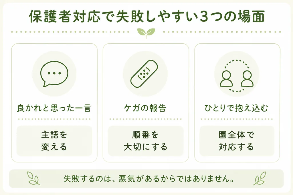 保育士が保護者対応で失敗しやすい3つの場面と対処法をまとめた図。良かれと思った一言は主語を変える、ケガの報告は順番を大切にする、ひとりで抱え込まず園全体で対応する。失敗するのは悪気があるからではないと伝えている。
