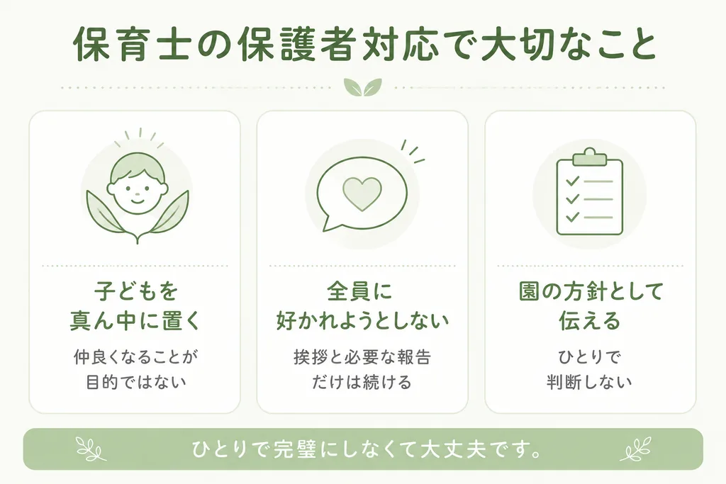 保育士の保護者対応で大切なこと3つをまとめた図。子どもを真ん中に置く、全員に好かれようとしない、園の方針として伝える。苦手な保護者がいても挨拶と必要な報告は続けること、ひとりで判断しないことが大切だと紹介している。