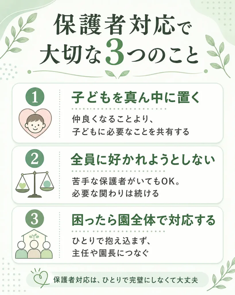 保育士の保護者対応で大切なことを、子ども中心・好かれようとしない・園全体で対応するの3つに整理した図解