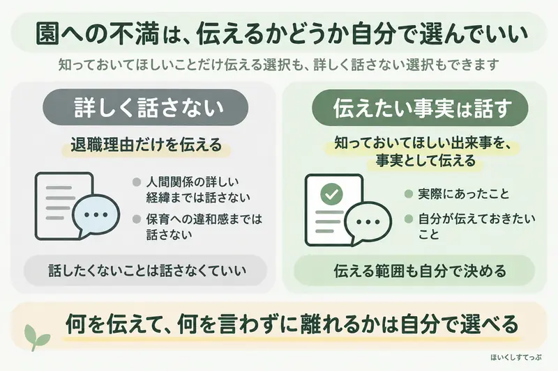 保育士が退職するとき、園への不満を詳しく話さずに離れる方法と、知ってほしい事実を伝える方法のどちらも自分で選べることを示した図解