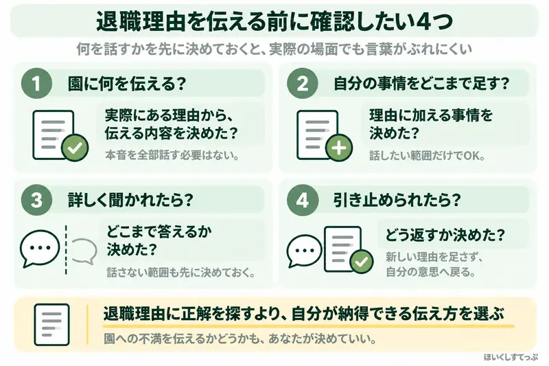 保育士が退職理由を園へ伝える前に、園に何を伝えるか、自分の事情をどこまで加えるか、詳しく聞かれたときにどこまで答えるか、引き止められたときにどう返すかを確認する4項目のチェックリスト