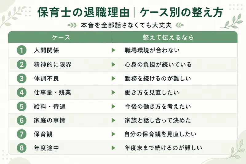 保育士の退職理由をケース別に整えて伝える言い換え表。人間関係、精神的な限界、体調不良、仕事量、給料、家庭の事情、保育観、年度途中の8ケース