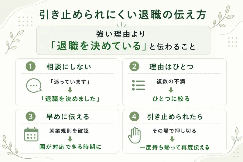保育士が退職時に引き止められにくくする伝え方。退職を決めたと伝える、理由をひとつに絞る、早めに伝える、引き止められたら一度持ち帰る