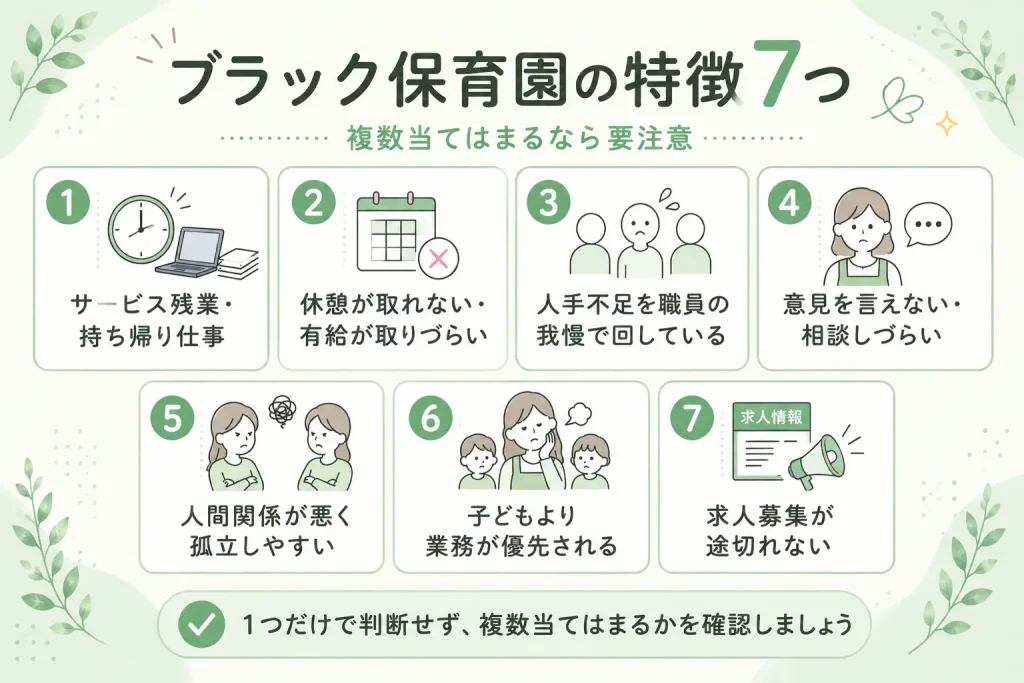 ブラック保育園の特徴7つをまとめた図。サービス残業や持ち帰り仕事、休憩が取れない、有給が取りづらい、人手不足、意見を言えない、人間関係の悪さ、子どもより業務優先、求人募集が途切れないなど、複数当てはまる場合は注意が必要。