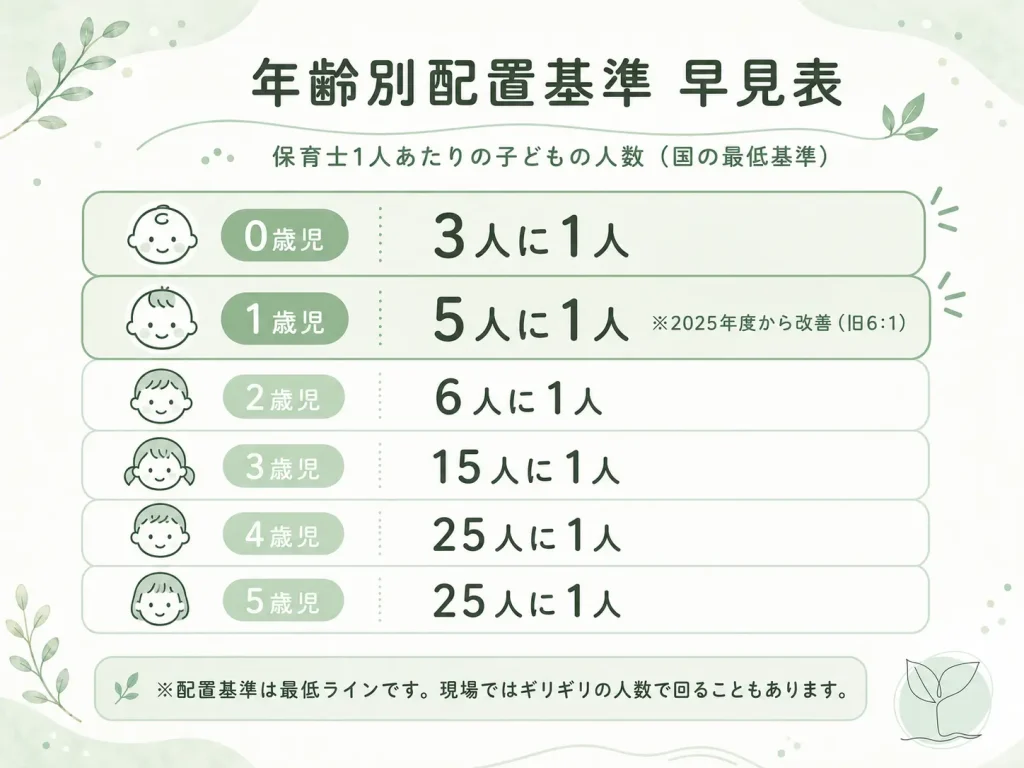 保育園の年齢別配置基準の早見表