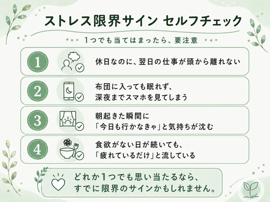 ストレス限界のセルフチェックリスト:休日も仕事が頭から離れない/眠れない/朝起きた瞬間に気持ちが沈む/食欲がない