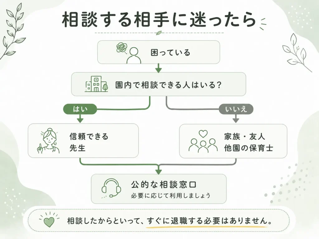 ブラック保育園かもしれないと感じたときの相談先の選び方をまとめたフロー図。園内で相談できる人がいれば信頼できる先生へ、難しい場合は家族・友人・他園の保育士へ相談し、必要に応じて公的な相談窓口を利用する流れを紹介。相談したからといって、すぐに退職する必要はないことも伝えている。