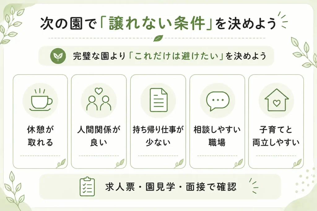 ブラック保育園を避けるために、次の職場で譲れない条件を整理する図。休憩が取れる、人間関係が良い、持ち帰り仕事が少ない、相談しやすい職場、子育てと両立しやすいという5つの条件を確認し、完璧な園を探すのではなく自分にとって大切な条件を決めることを紹介した図。