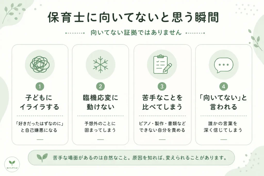 保育士に向いてないと感じやすい4つの場面をまとめた図解。子どもにイライラする、臨機応変に動けない、苦手なことを比べてしまう、「向いてない」と言われることは、必ずしも向いてない証拠ではない。