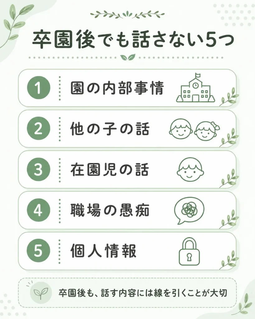 卒園後も話さない方がいい、園の内部事情・他の子・在園児・職場の愚痴・個人情報の5つをまとめた図解
