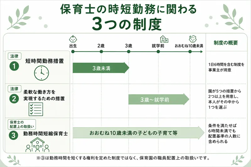 保育士の時短勤務に関わる3つの制度の対象年齢。育児・介護休業法の短時間勤務措置は3歳未満で1日6時間を含む制度を事業主が用意、柔軟な働き方を実現するための措置は3歳から就学前で園が5つの措置から2つ以上を用意して本人が1つを選ぶ、勤務時間短縮保育士はおおむね10歳未満の子どもの子育て等で条件を満たせば6時間未満でも配置基準の人数に含められる