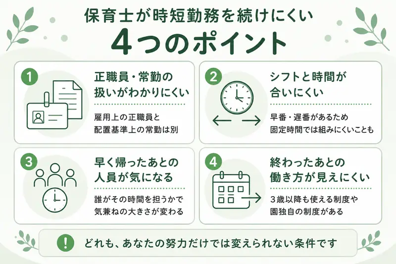 保育士が時短勤務を続けにくい4つのポイント。雇用上の正職員と配置基準上の常勤の扱いがわかりにくい、早番・遅番があるためシフトと時間が合いにくい、早く帰ったあとの人員が気になる、時短が終わったあとの働き方が見えにくい。どれも本人の努力だけでは変えられない条件