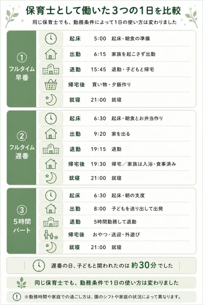 保育士として働いた3つの1日の比較。フルタイム早番は5時起床、6時15分に家族を起こさず出勤、15時45分に退勤して子どもと帰宅、買い物と夕飯作り、21時就寝。フルタイム遅番は6時30分起床、9時20分に家を出て19時15分退勤、19時30分の帰宅時には家族は入浴も食事も済み、21時就寝。5時間パートは6時30分起床、8時に子どもを送り出して出発、5時間勤務して退勤、おやつと送迎と外遊び、21時就寝。遅番の日、子どもと関われたのは約30分