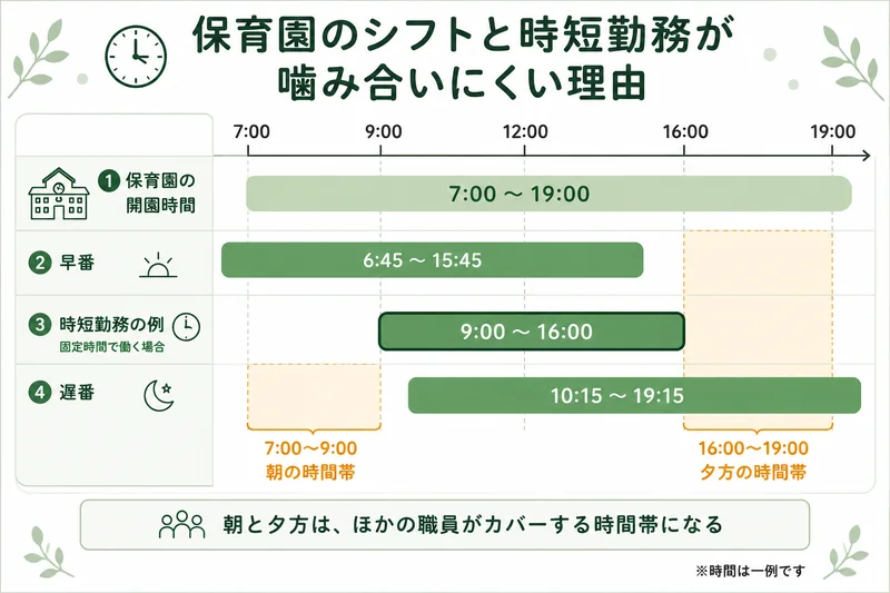 保育園のシフトと時短勤務が噛み合いにくい理由。開園時間が7時から19時に対して、早番は6時45分から15時45分、遅番は10時15分から19時15分。時短勤務を9時から16時の固定時間にすると、朝7時から9時と夕方16時から19時は、ほかの職員がカバーする時間帯になる