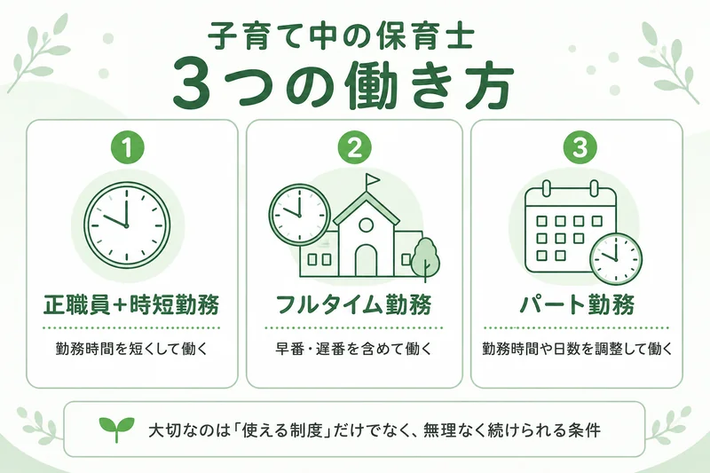 子育て中の保育士が選べる3つの働き方。正職員のまま時短勤務で勤務時間を短くする、フルタイムで早番・遅番を含めて働く、パートで勤務時間や日数を調整して働く。大切なのは使える制度だけでなく、無理なく続けられる条件