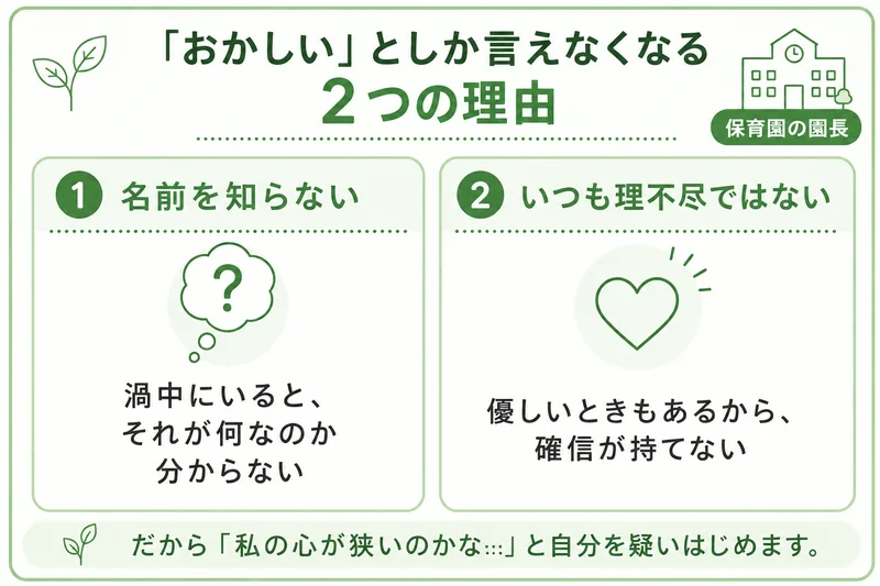 保育園の園長をおかしいと感じても言葉にできない2つの理由。渦中にいると名前がつけられないこと、園長がいつも理不尽なわけではないこと