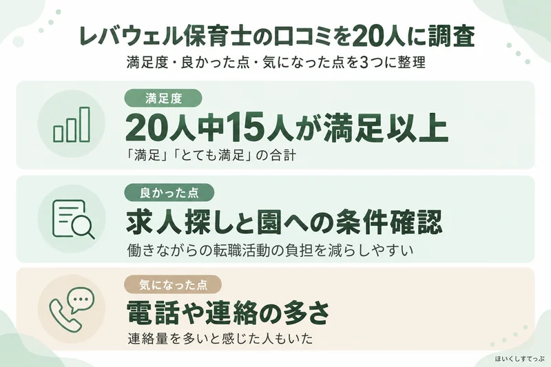 レバウェル保育士の口コミを利用経験者20人に調査した結果。20人中15人が満足以上で、求人探しや園への条件確認を良かった点として挙げる人が多い一方、電話や連絡の多さを気にした回答もあった