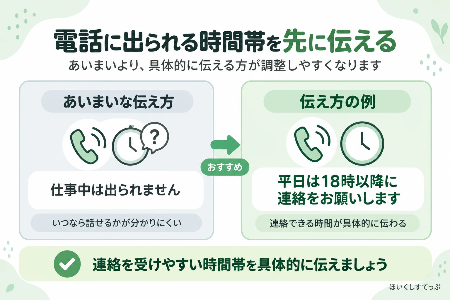 レバウェル保育士へ電話可能な時間を伝える例。仕事中は出られないという曖昧な伝え方より、平日は18時以降など具体的な時間を伝える